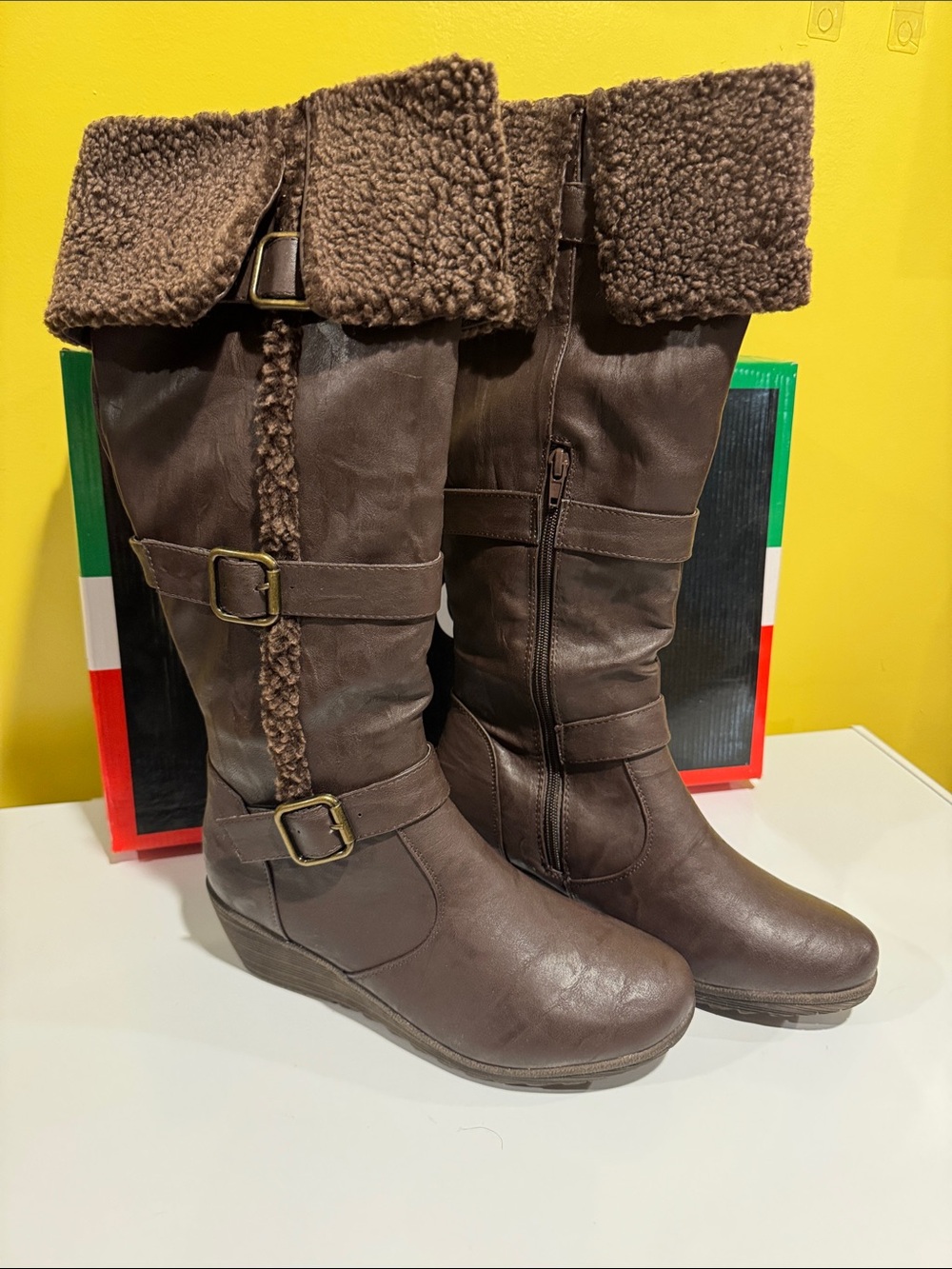 bucco Brown Faux-Shearling Mid-Calf Wedge Boots
